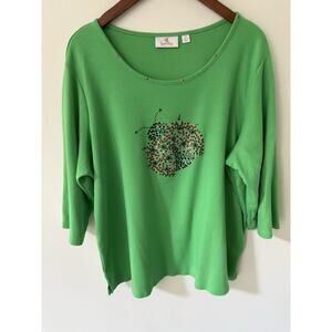Quacker Factory Sequined Top Green 2X Long Sleeve Cotton Ladybug Embroidered